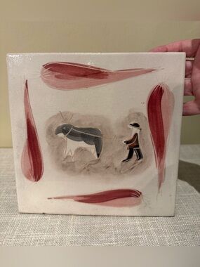 Vintage Marco e Cristina Italy Hand Painted Ceramic Art Tile Trivet 8x8 Folk Art